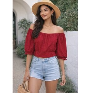 Clockhouse Eyelet Puff Sleeve Crop Top Size M Womens Red Boho Peasant EUC